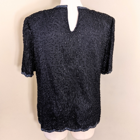 Vintage Black & Silver Beaded Top with Sheer Cut Out Neckline - Picture 5 of 6